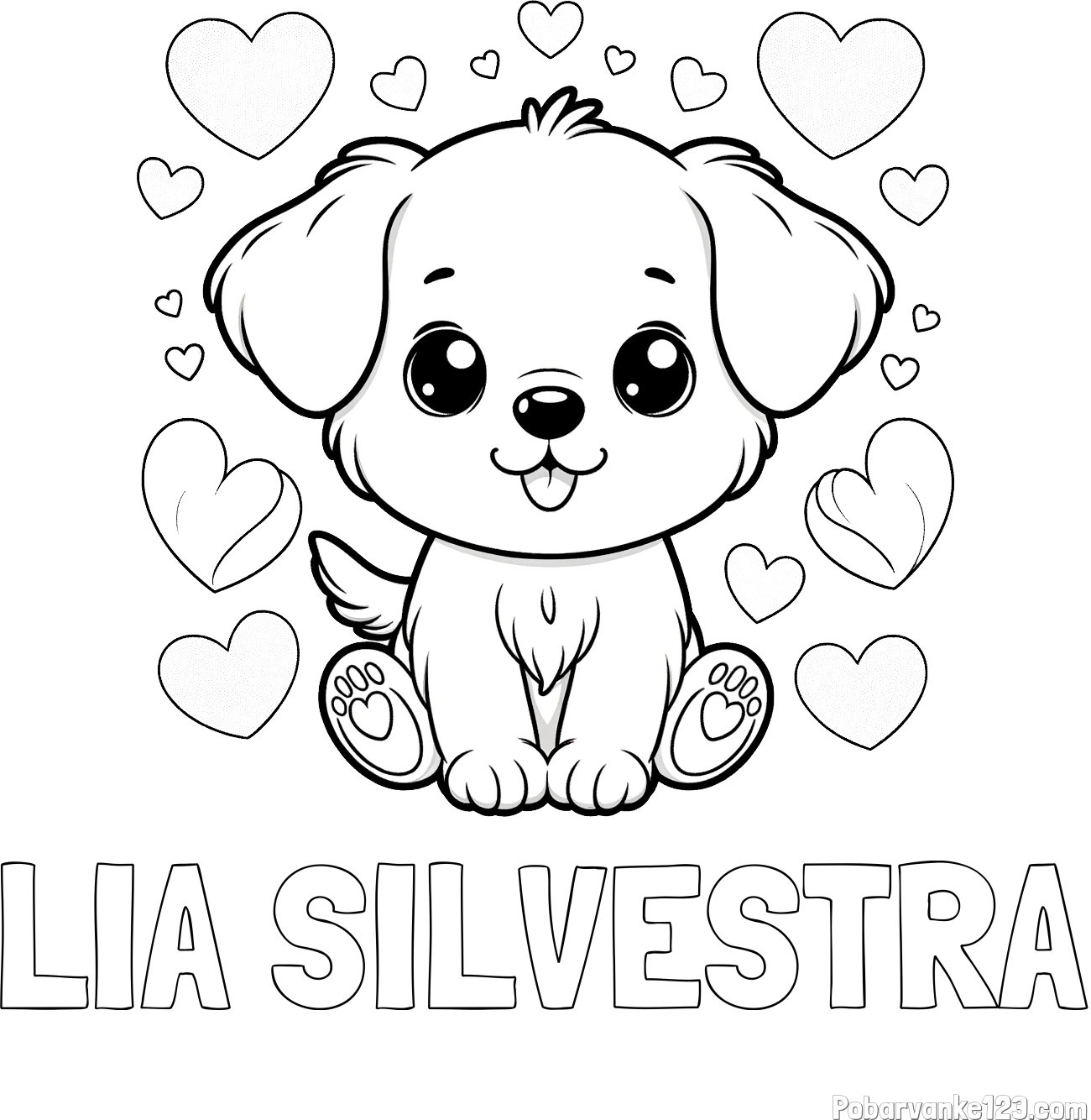 Pobarvanka imena LIA SILVESTRA in pobarvanka ljubkega kužka obdanega s srčki