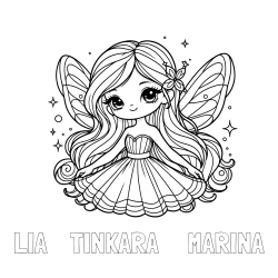 Online izdelana pobarvanka - Pobarvanka imena LIA    TINKARA     MARINA in pobarvanka ljubke in nasmejane čarobne vile