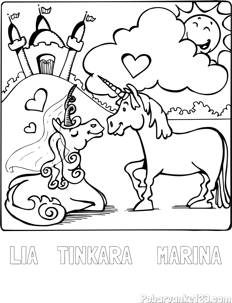 Pobarvanka imena LIA    TINKARA     MARINA in pobarvanka zaljubljenih samorogov