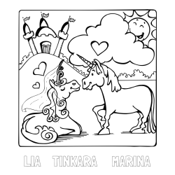 Online izdelana pobarvanka - Pobarvanka imena LIA    TINKARA     MARINA in pobarvanka zaljubljenih samorogov