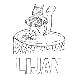 Online izdelana pobarvanka - Pobarvanka imena LIJAN in pobarvanka veverice, ki je storž