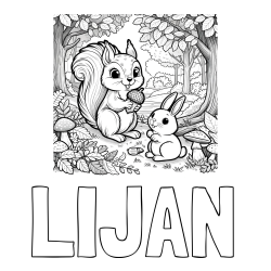 Online izdelana pobarvanka - Pobarvanka imena LIJAN in pobarvanka veveričke in zajčka v gozdu