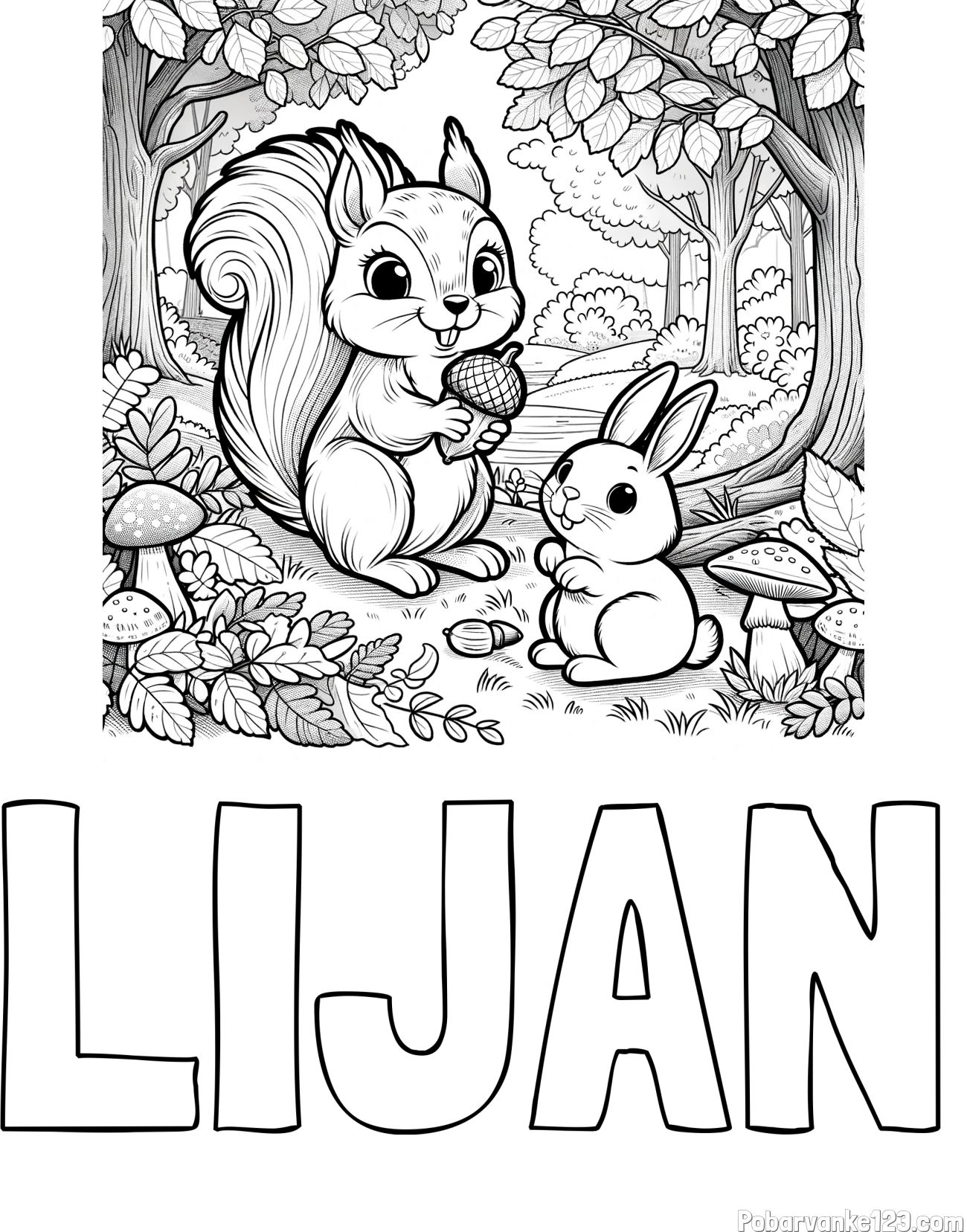 Pobarvanka imena LIJAN in pobarvanka veveričke in zajčka v gozdu