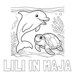 Pobarvanka imena LILI IN MAJA in pobarvanka ljubkega delfina z želvo v morju