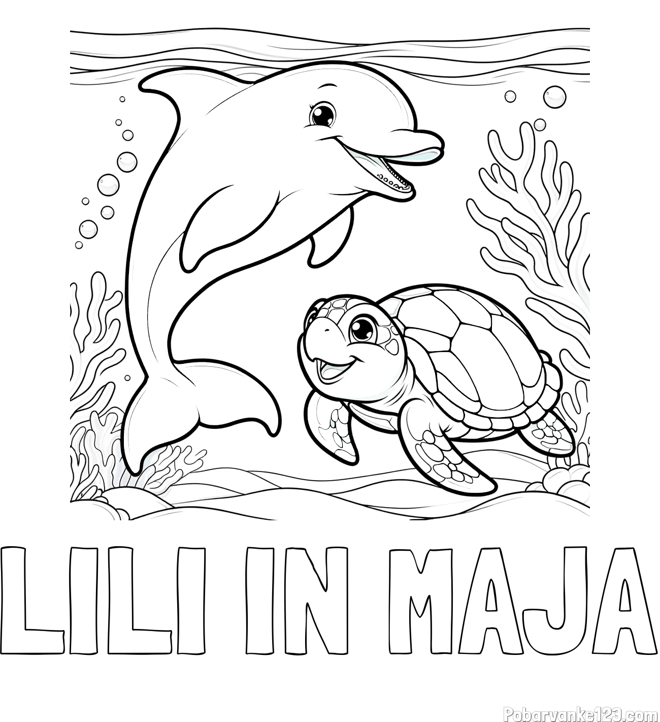 Pobarvanka imena LILI IN MAJA in pobarvanka ljubkega delfina z želvo v morju