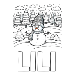 Online izdelana pobarvanka - Pobarvanka imena LILI in pobarvanka snežaka v naravi obdanega z zasneženimi smrekami