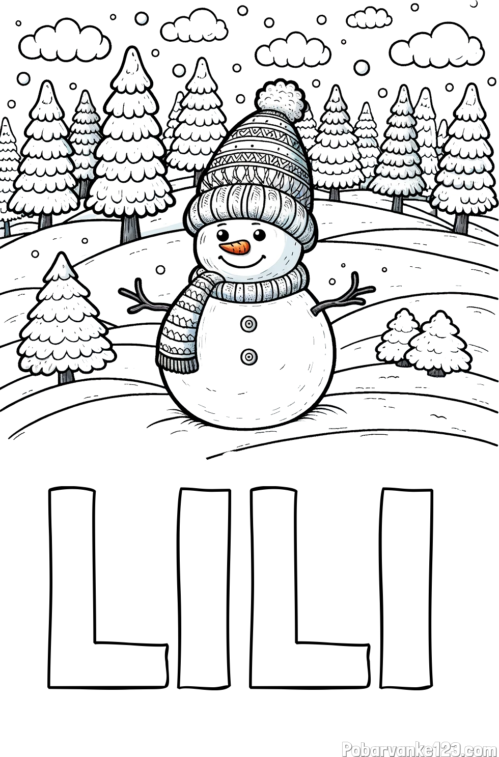 Pobarvanka imena LILI in pobarvanka snežaka v naravi obdanega z zasneženimi smrekami