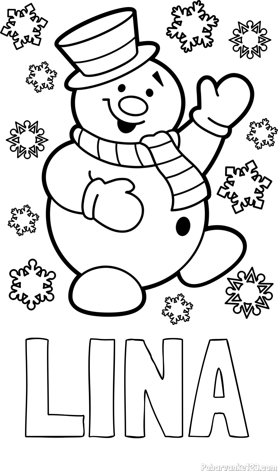 Pobarvanka imena LINA in pobarvanka veselega snežaka