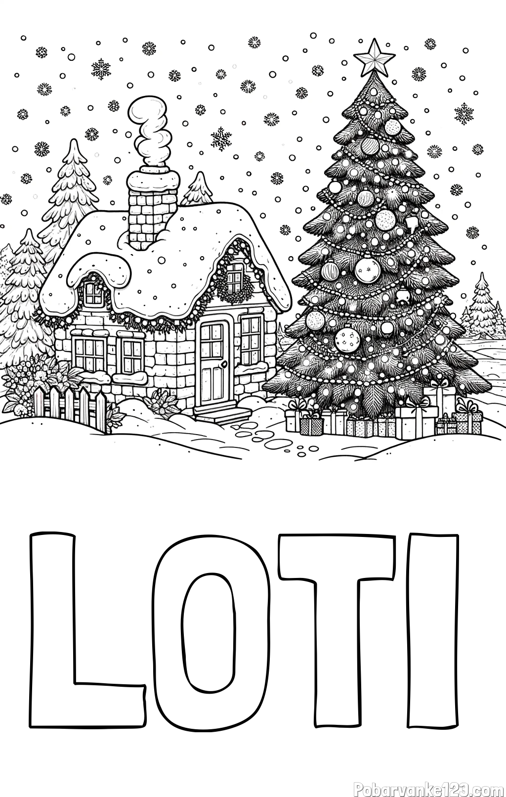 Pobarvanka imena LOTI in pobarvanka zasnežene hiške na božično noč
