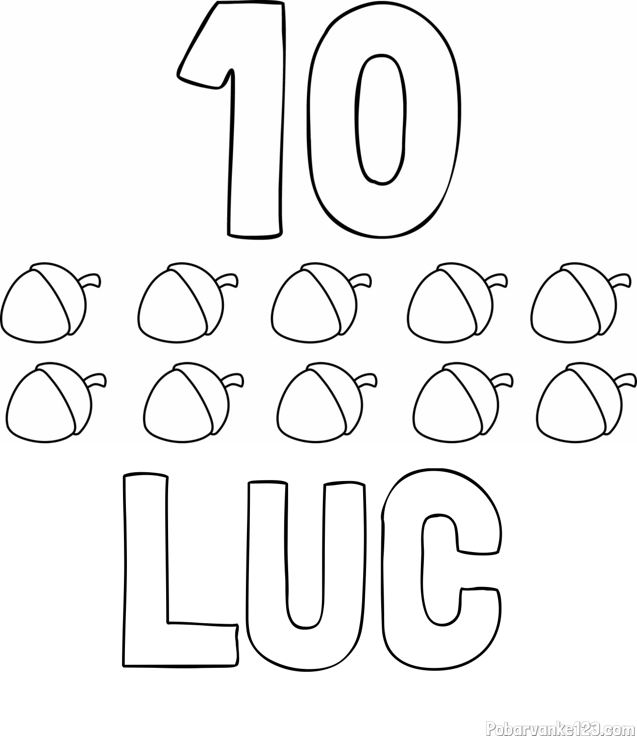 Pobarvanka imena LUC in pobarvanka števila 10 s slikovnim prikazom