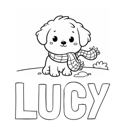 Online izdelana pobarvanka - Pobarvanka imena LUCY in pobarvanka prikupnega psička