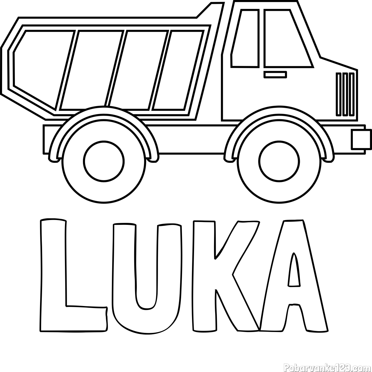 Pobarvanka imena LUKA in otroška pobarvanka tovornjaka za prevoz smeti in drugega tovora