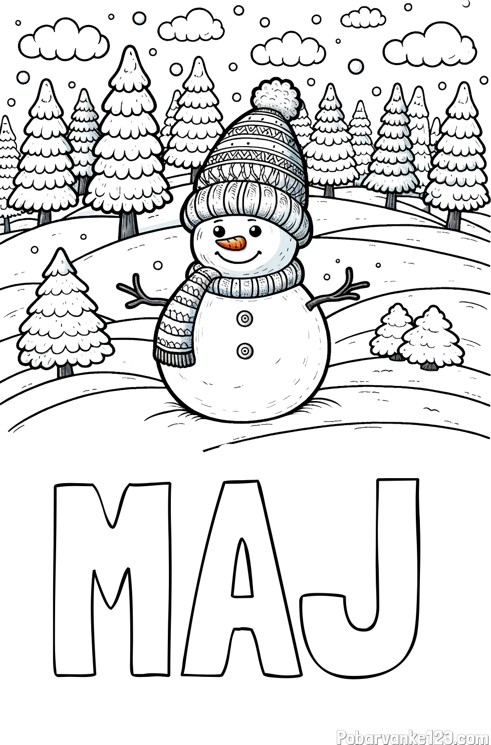 Pobarvanka imena MAJ in pobarvanka snežaka v naravi obdanega z zasneženimi smrekami