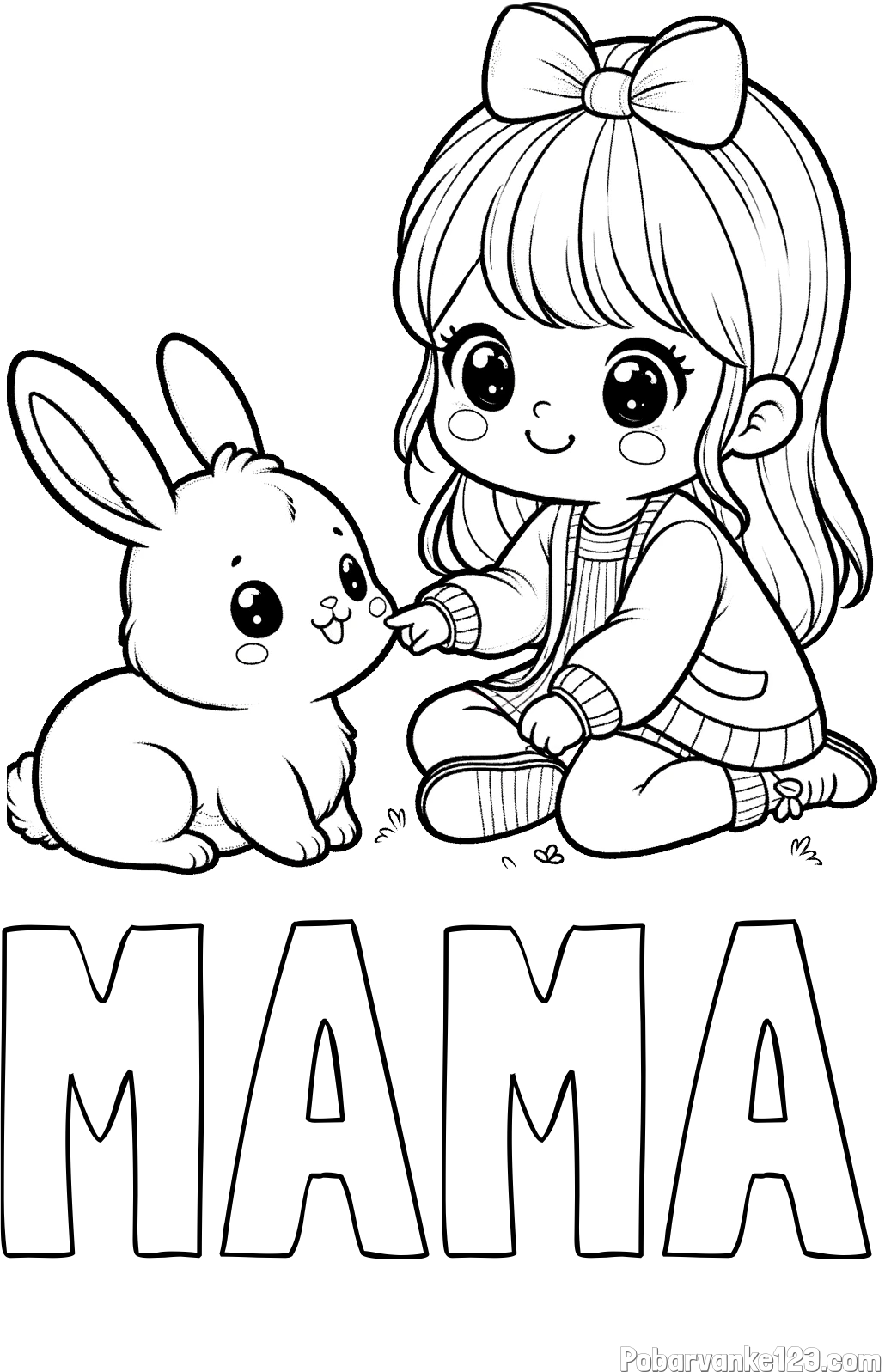 Pobarvanka imena MAMA in pobarvanka ljubke punčke, ki se igra z zajčkom