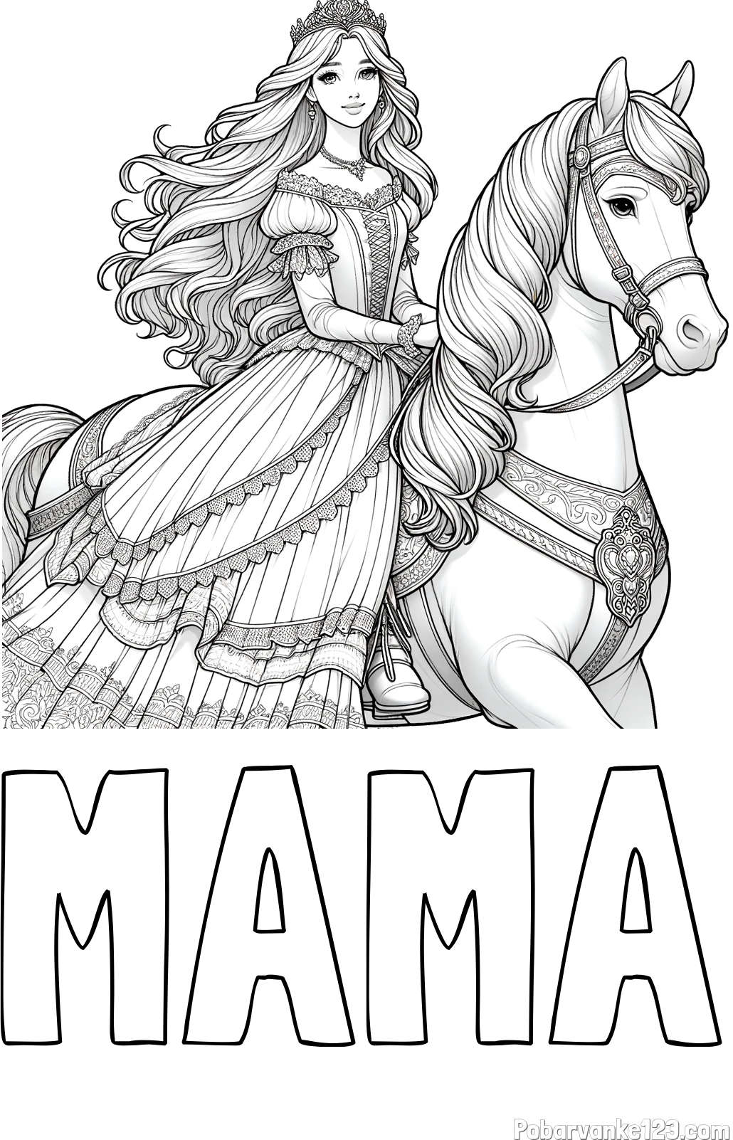 Pobarvanka imena MAMA in pobarvanka nasmejana princese na konju