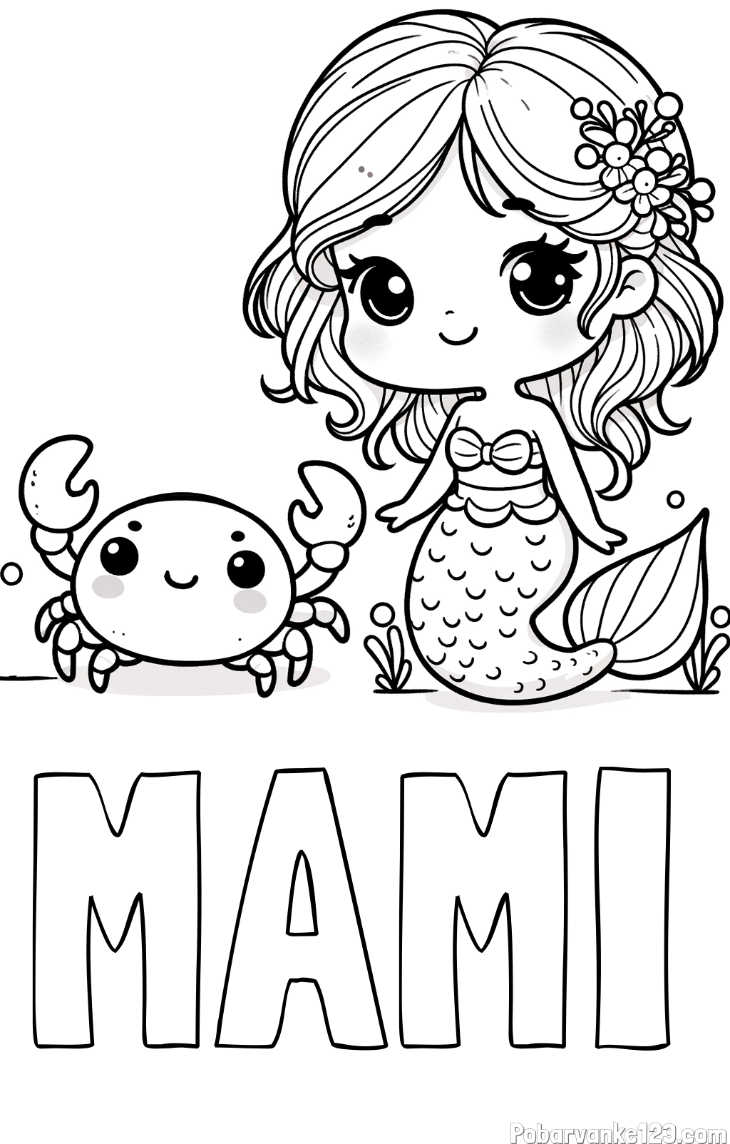 Pobarvanka imena MAMI in pobarvanka ljubke morske deklice in veselega raka
