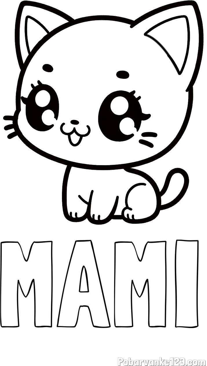 Pobarvanka imena MAMI in pobarvnaka ljubke muce v anime slogu