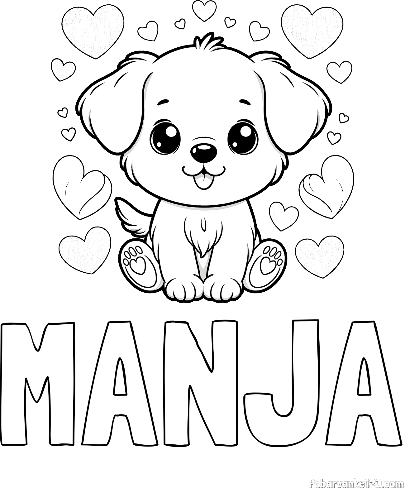 Pobarvanka imena MANJA in pobarvanka ljubkega kužka obdanega s srčki
