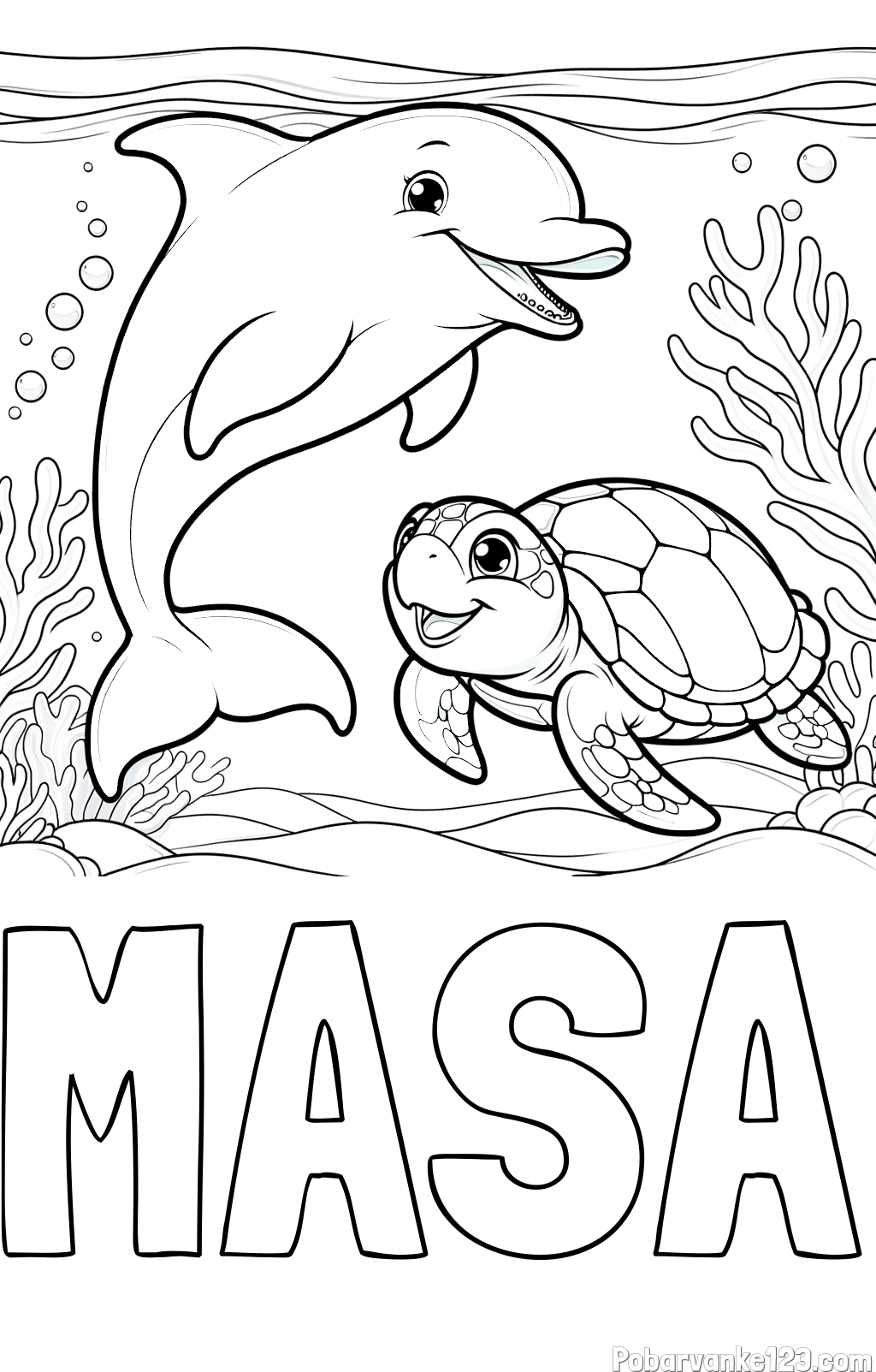 Pobarvanka imena MAŠA in pobarvanka ljubkega delfina z želvo v morju