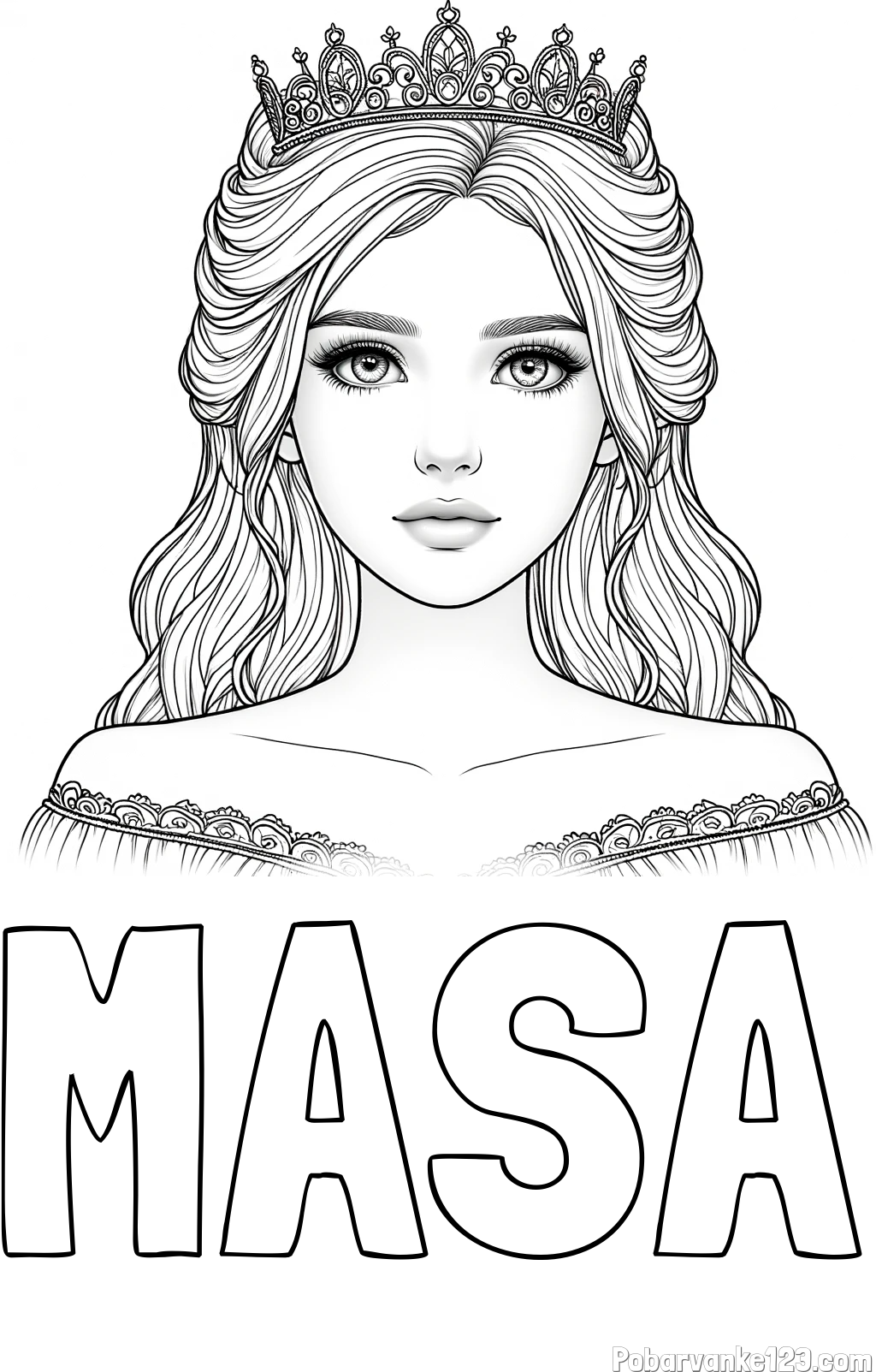 Pobarvanka imena MAŠA in pobarvanka prikupne princeske s čudovitimi očmi