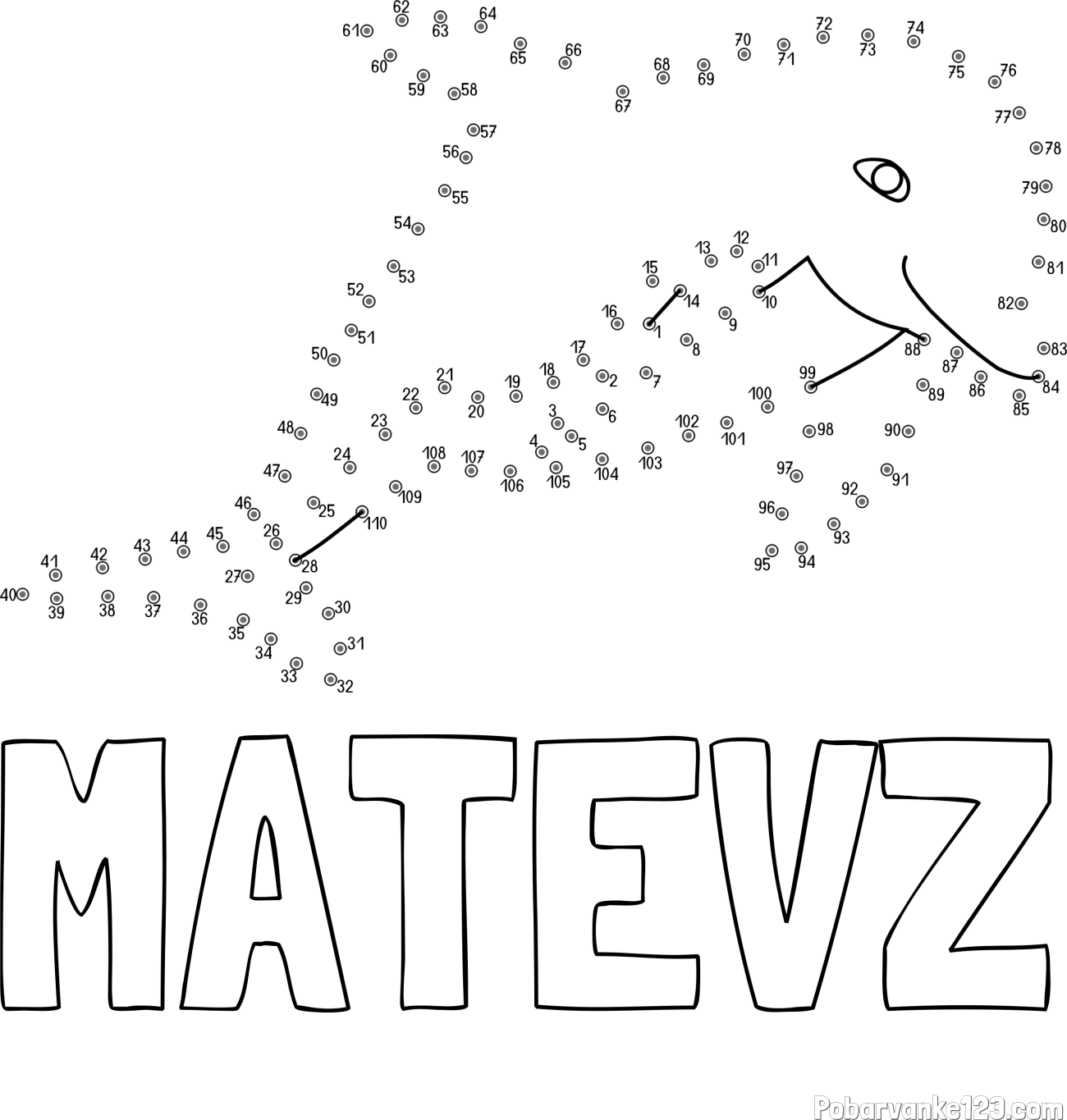 Pobarvanka imena MATEVŽ in pobarvanka delfina - poveži številke