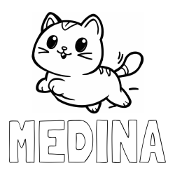 Online izdelana pobarvanka - Pobarvanka imena MEDINA in pobarvanka prikupne mačke med tekom
