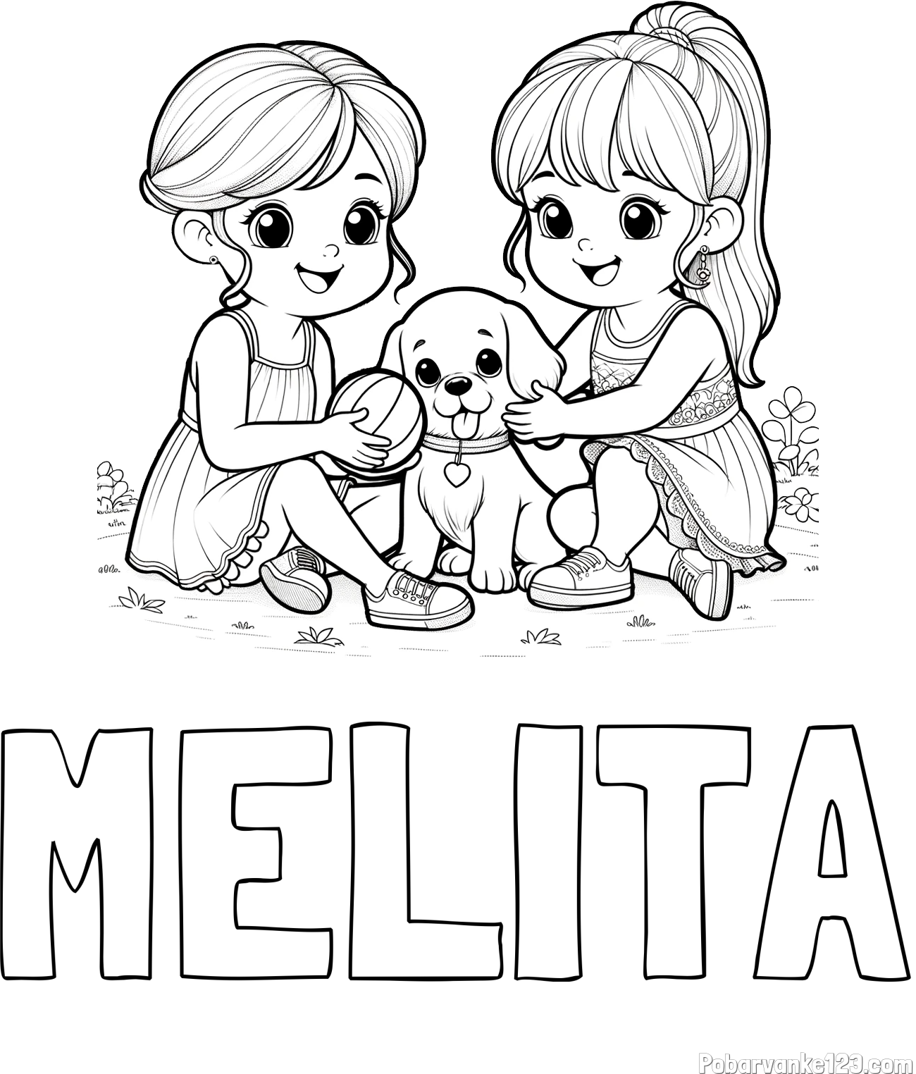 Pobarvanka imena MELITA in pobarvanka prijateljic s kužkom