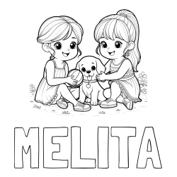 Pobarvanka imena MELITA in pobarvanka prijateljic s kužkom
