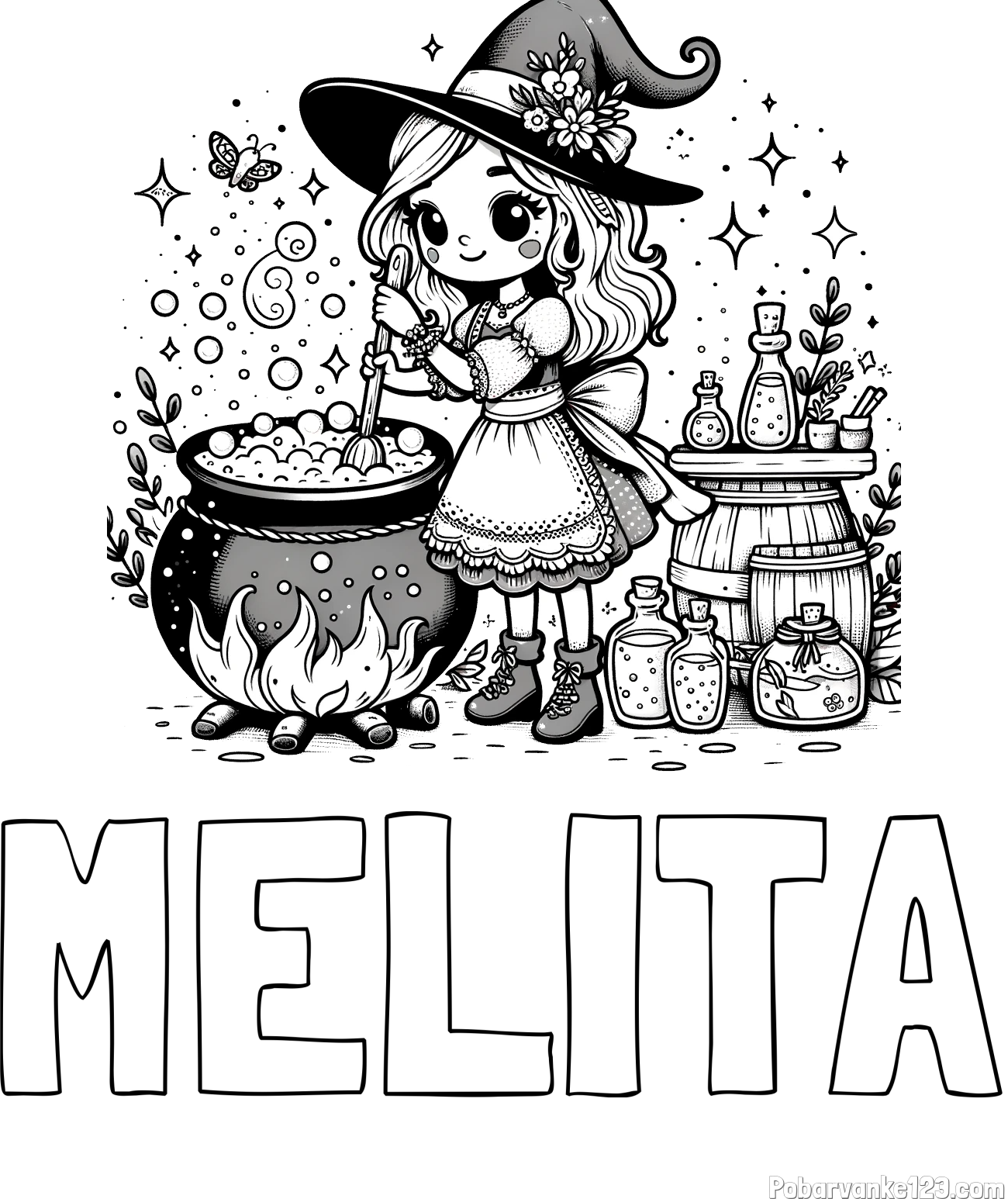 Pobarvanka imena MELITA in pobarvanka prikupna čarovnica, ki pripravlja čarobni napoj
