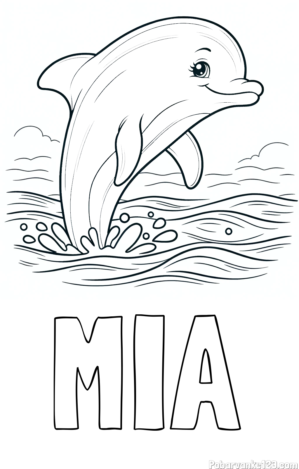 Pobarvanka imena MIA in pobarvanka nasmejanega delfina v  skoku