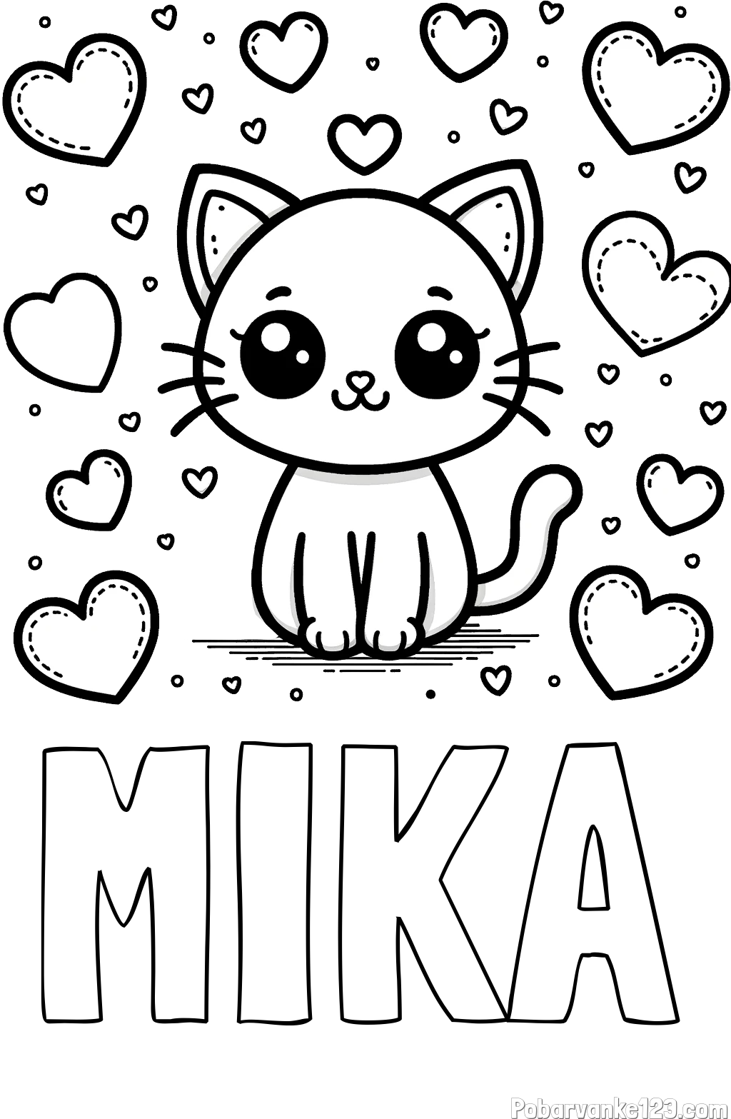 Pobarvanka imena MIKA in pobarvanka ljubke mucke obdane z veliko srčki