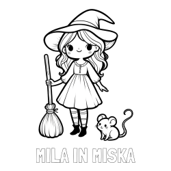 Online izdelana pobarvanka - Pobarvanka imena MILA IN MIŠKA in pobarvanka čarovnice z metlo in miško