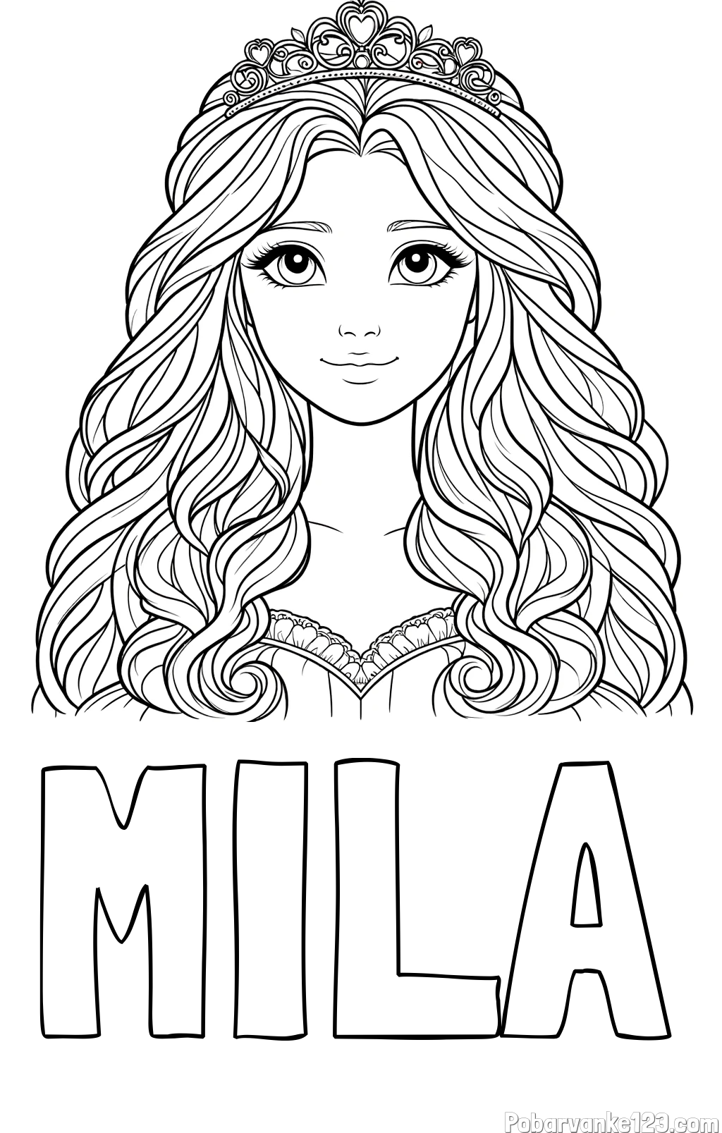 Pobarvanka imena MILA in pobarvanka ljubke princese z bujnimi lasmi