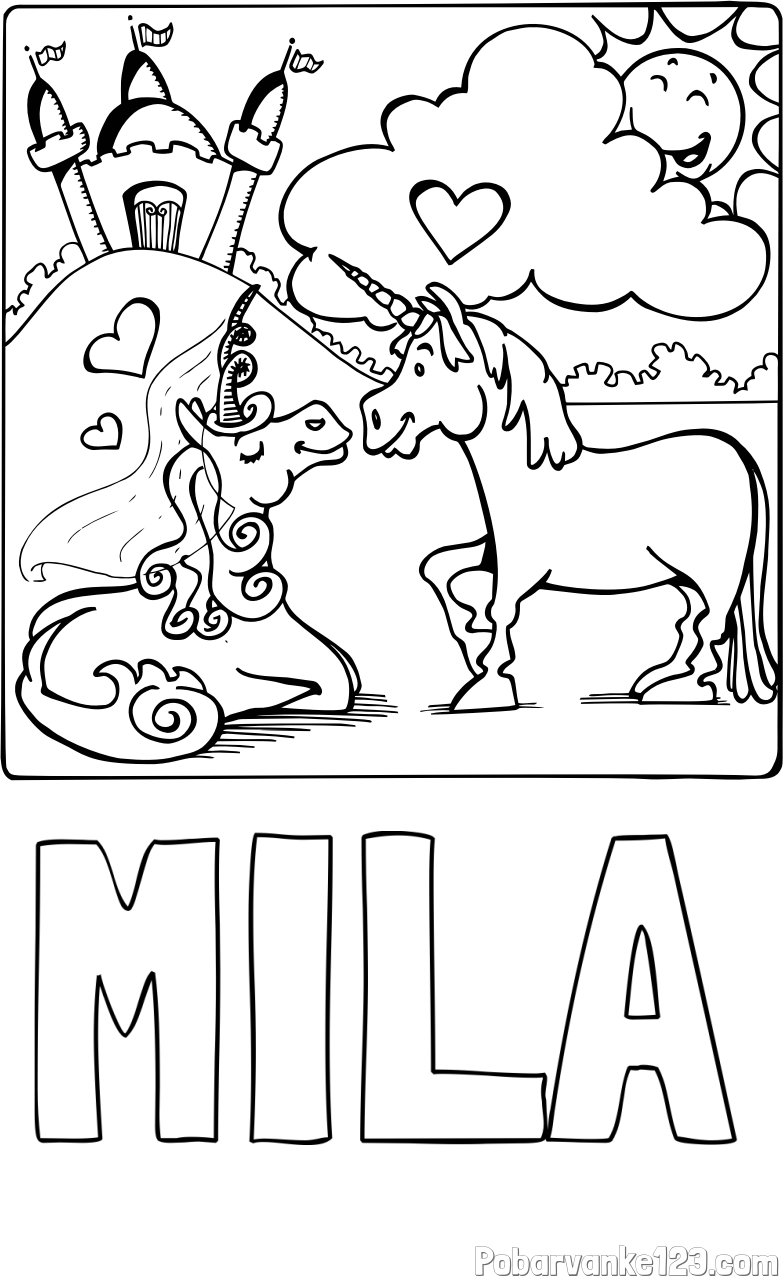 Pobarvanka imena MILA in pobarvanka zaljubljenih samorogov