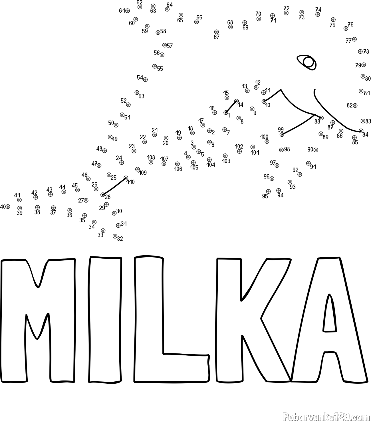 Pobarvanka imena MILKA in pobarvanka delfina - poveži številke