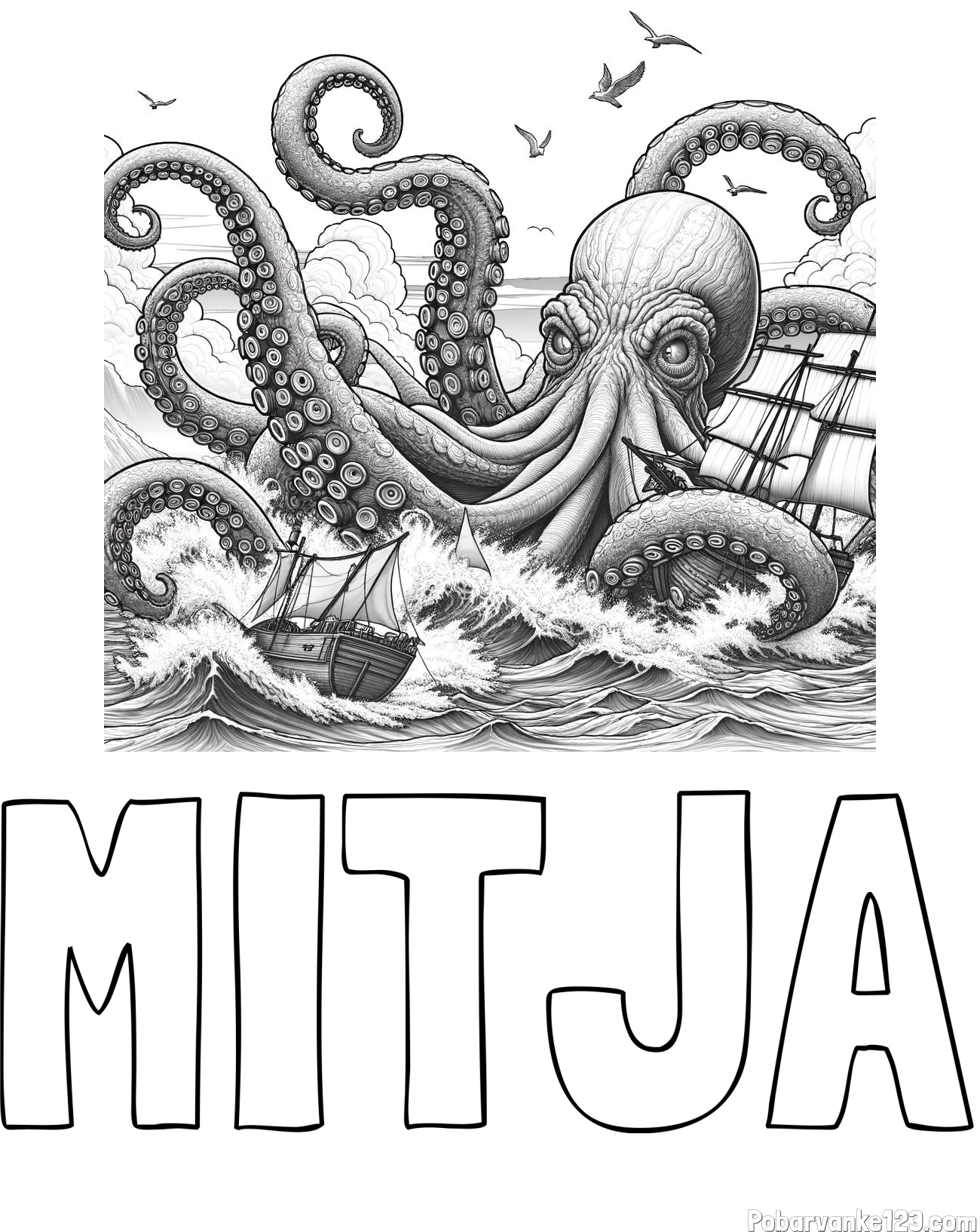 Pobarvanka imena MITJA in pobarvanka orjaške hobotnice, ki je napadla veliko gusarsko ladjo