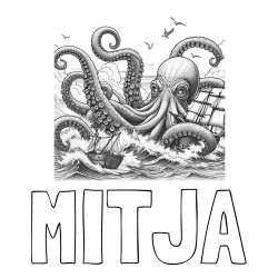 Online izdelana pobarvanka - Pobarvanka imena MITJA in pobarvanka orjaške hobotnice, ki je napadla veliko gusarsko ladjo