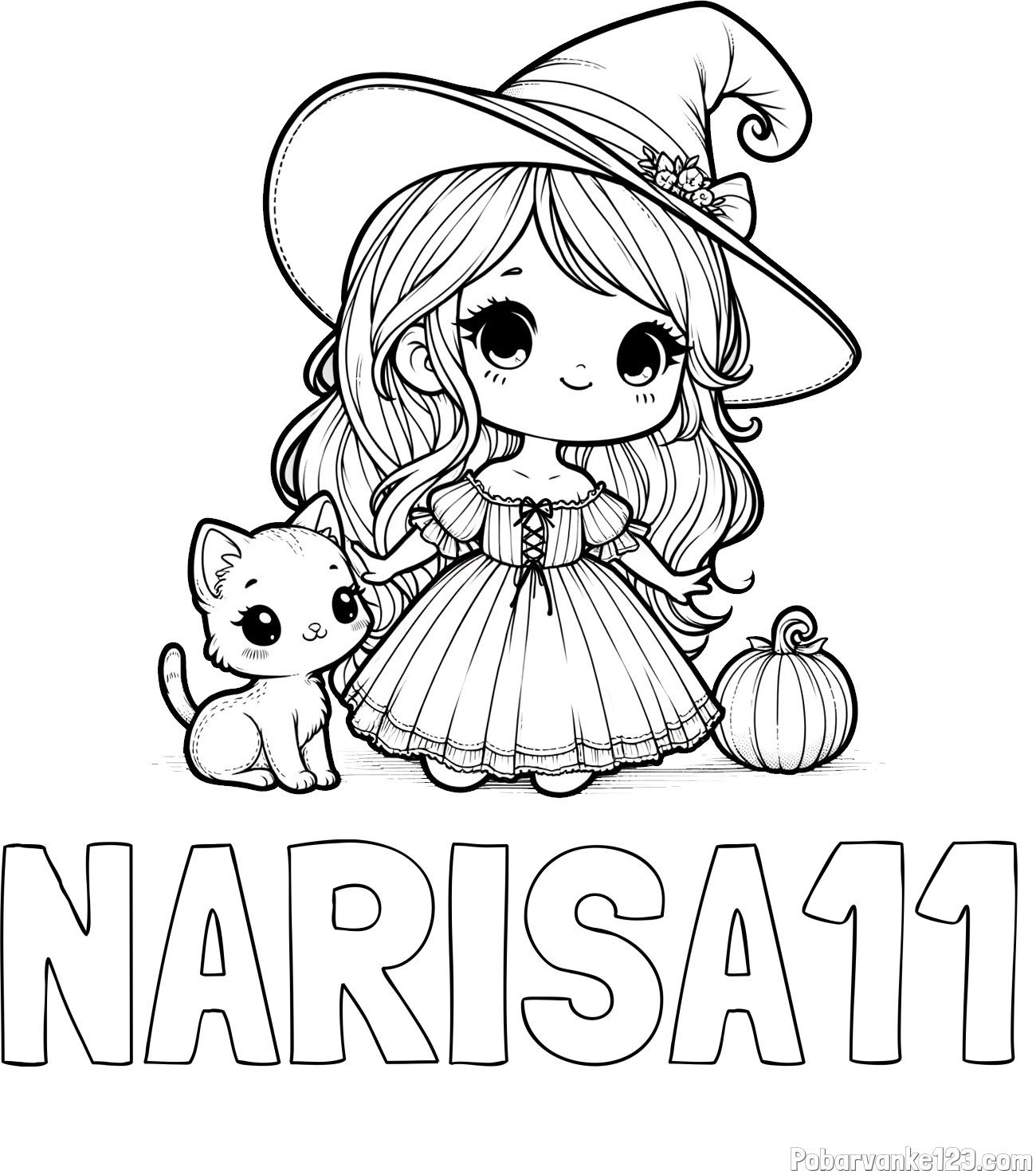 Pobarvanka imena NARISA11 in pobarvanka ljubke čarovnice, muce in buče