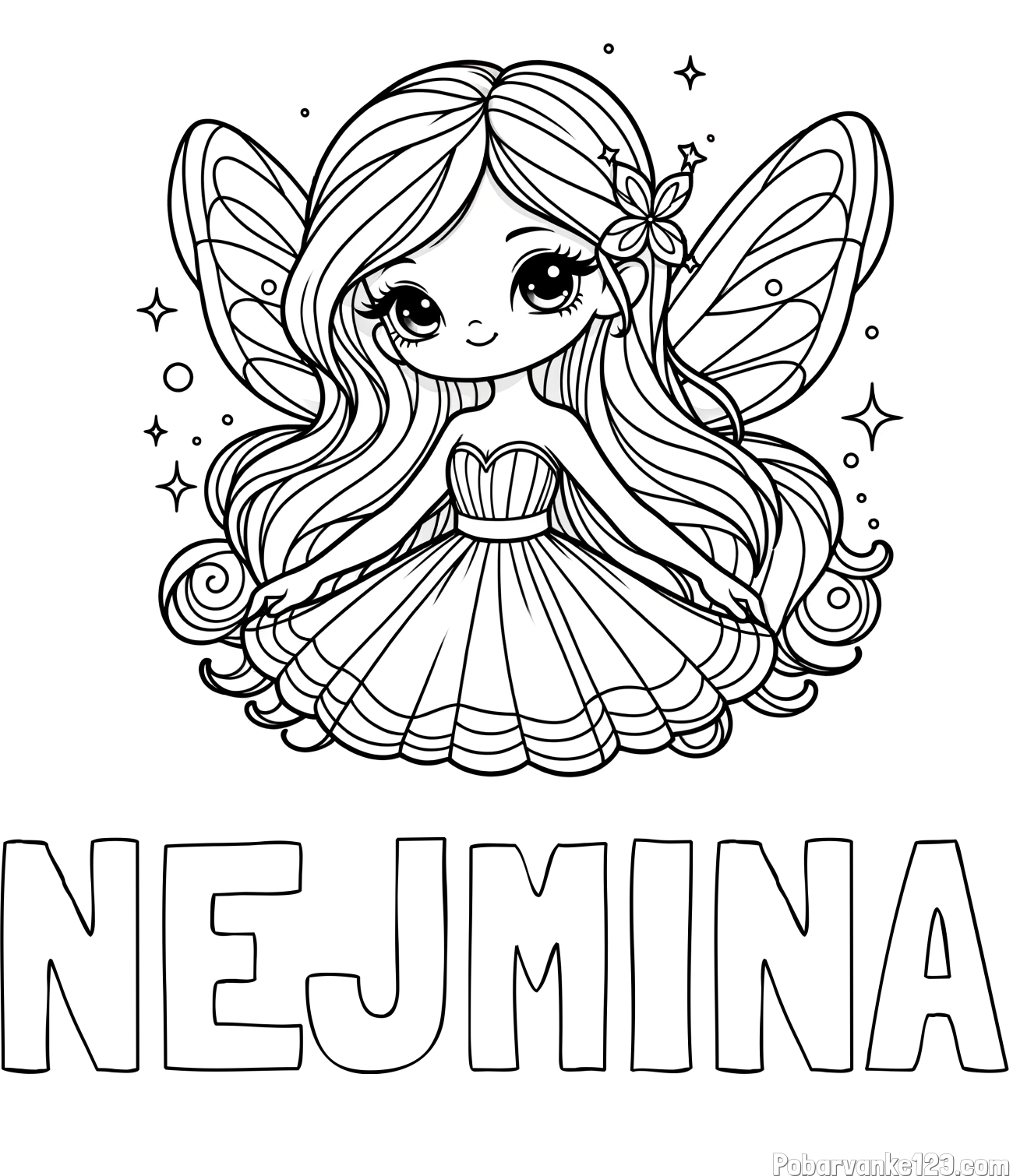 Pobarvanka imena NEJMINA in pobarvanka ljubke in nasmejane čarobne vile