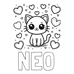 Online izdelana pobarvanka - Pobarvanka imena NEO in pobarvanka ljubke mucke obdane z veliko srčki