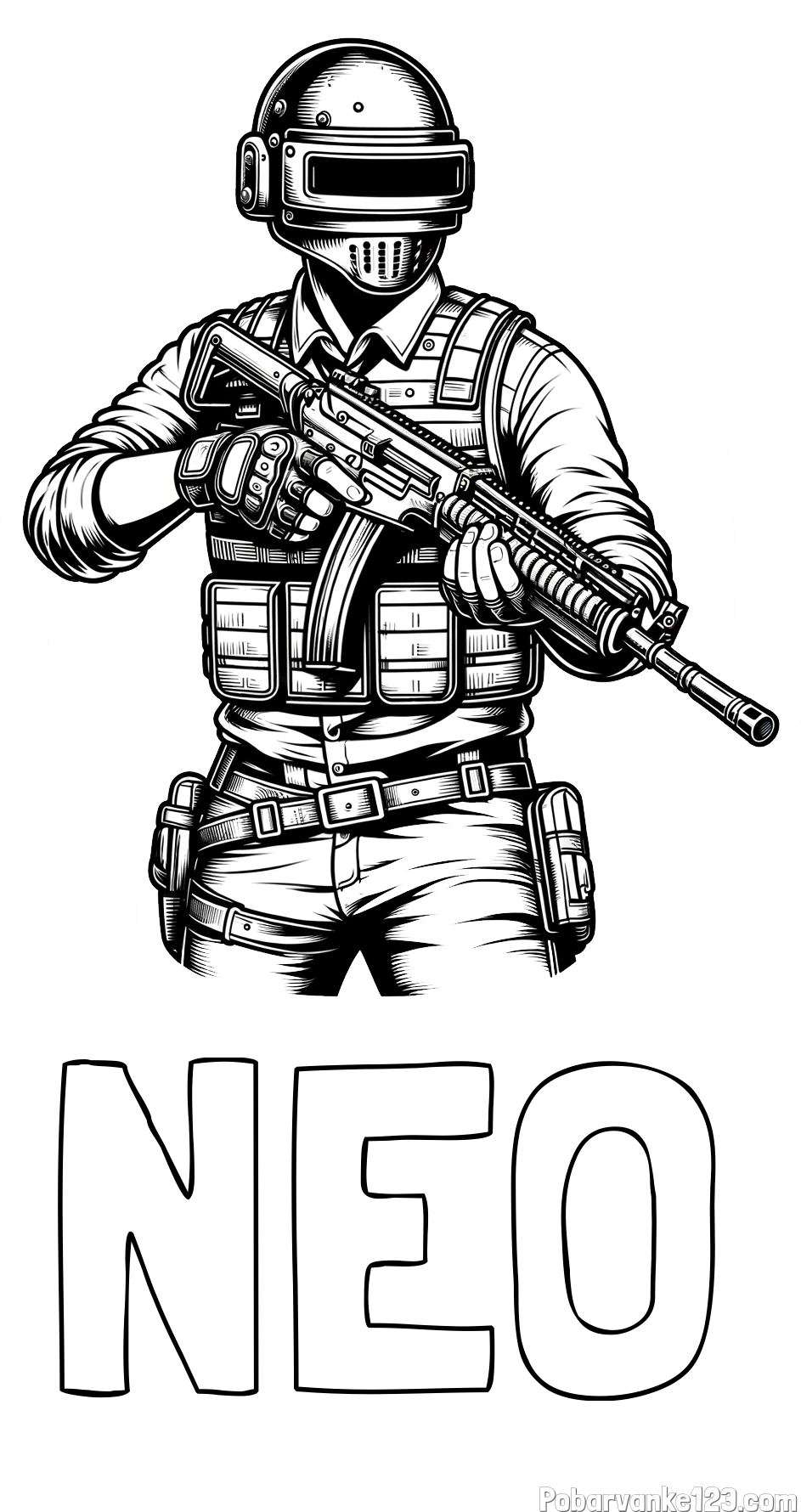 Pobarvanka imena NEO in pobarvanka PUBG osrednjega lika v bojnem položaju
