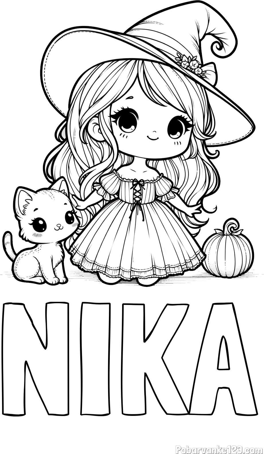 Pobarvanka imena NIKA in pobarvanka ljubke čarovnice, muce in buče