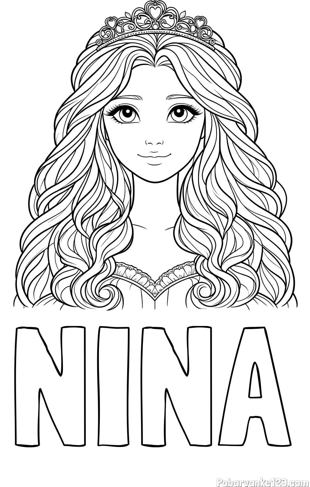 Pobarvanka imena NINA in pobarvanka ljubke princese z bujnimi lasmi