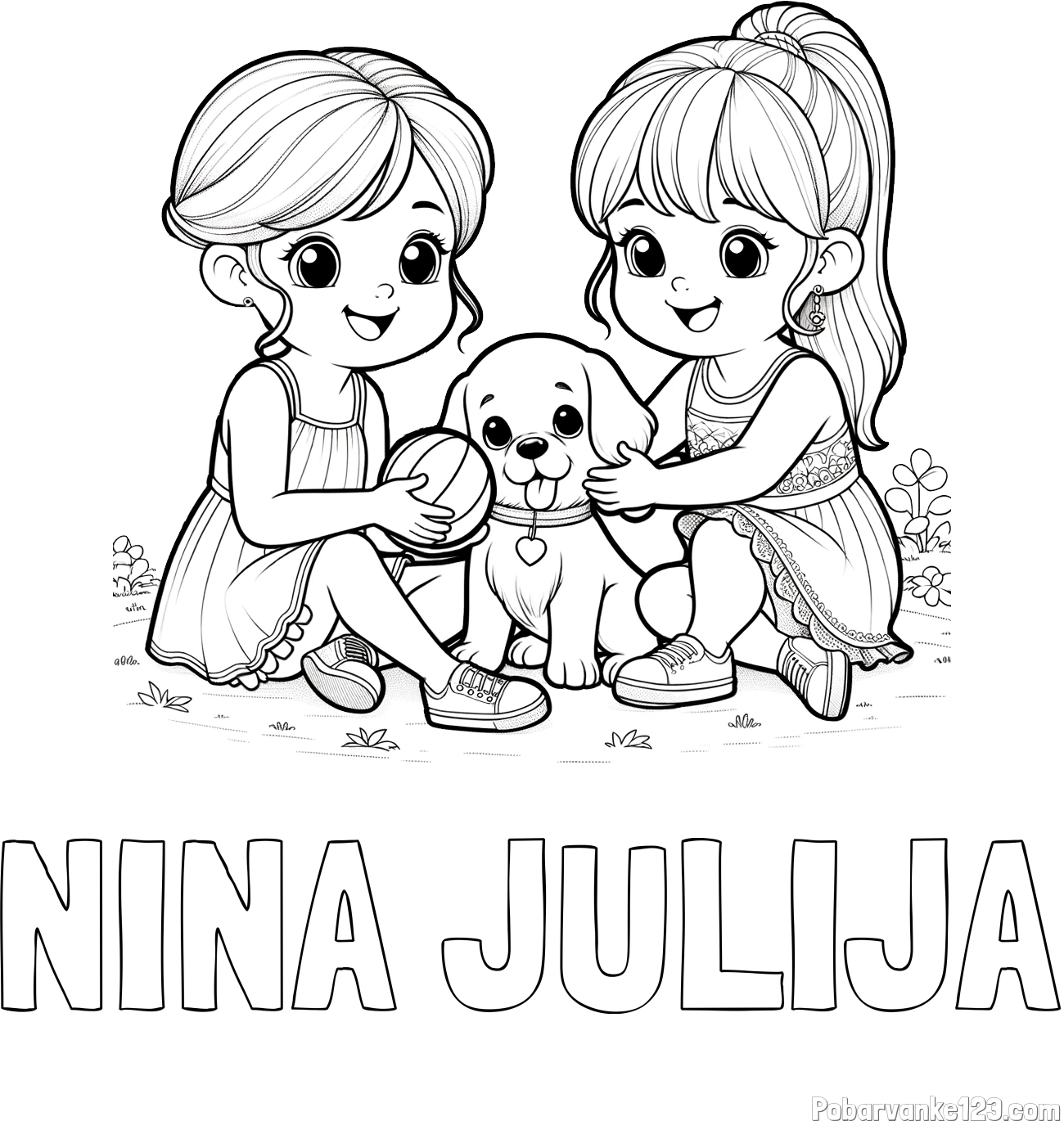 Pobarvanka imena NINA JULIJA in pobarvanka prijateljic s kužkom