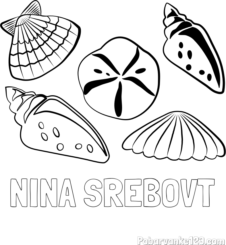 Pobarvanka imena NINA SREBOVT in pobarvanka različnih školjk