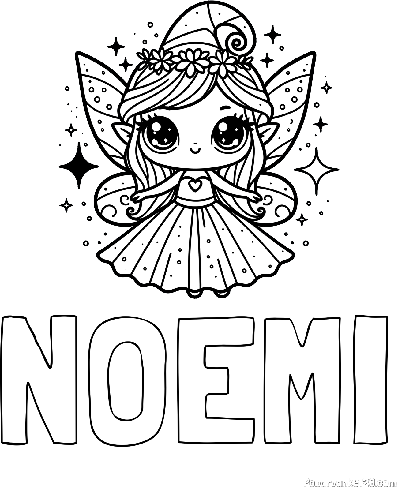 Pobarvanka imena NOEMI in prikupna čarobna vila