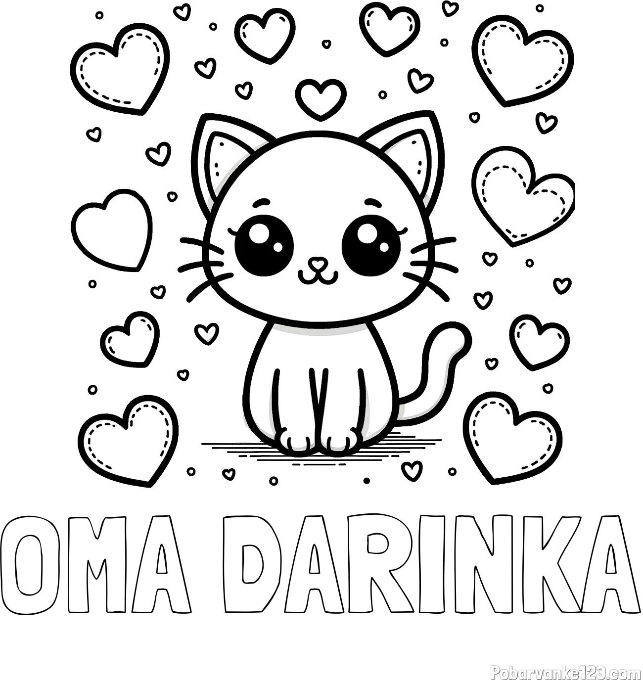 Pobarvanka imena OMA DARINKA in pobarvanka ljubke mucke obdane z veliko srčki