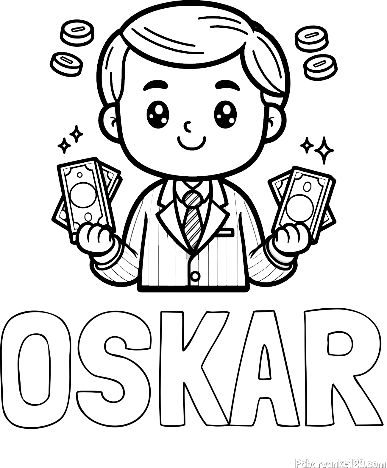 Pobarvanka imena OSKAR in otroška pobarvanka bankirja z veliko denarja