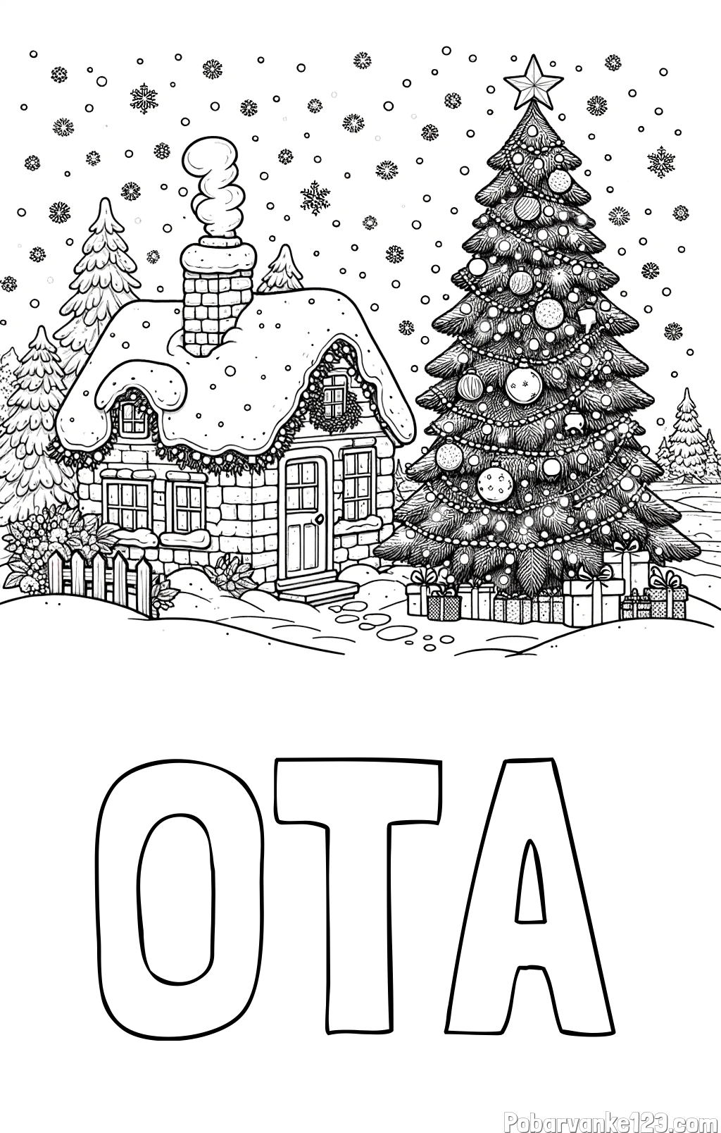 Pobarvanka imena OTA in pobarvanka zasnežene hiške na božično noč