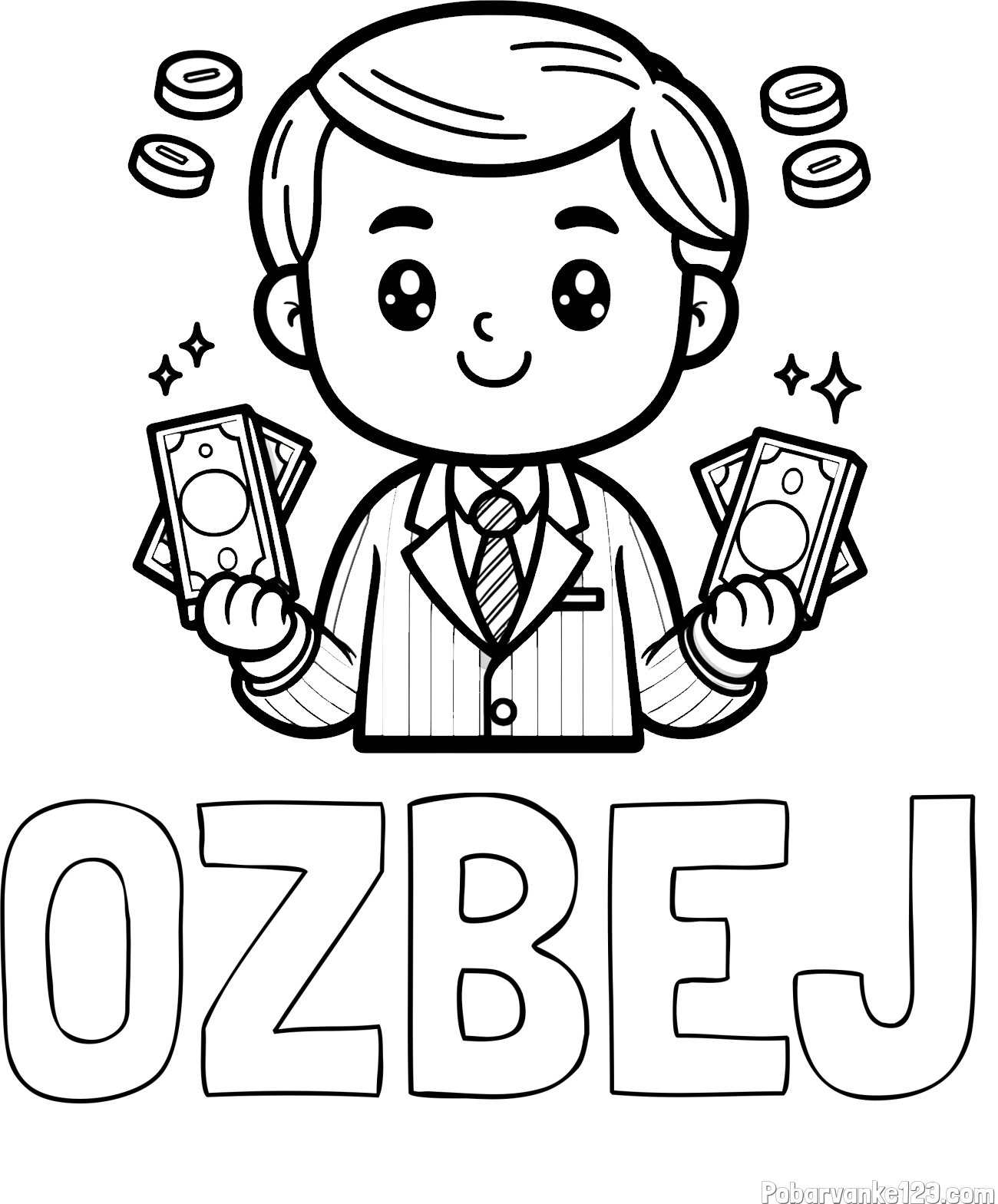 Pobarvanka imena OŽBEJ in otroška pobarvanka bankirja z veliko denarja